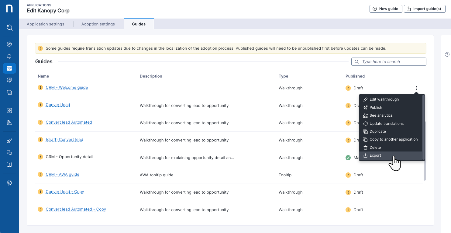 Managing guides from the application-specific Guides tab