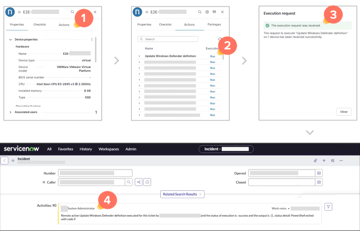 Running and recording remote actions in a third-party IT support tool: ServiceNow