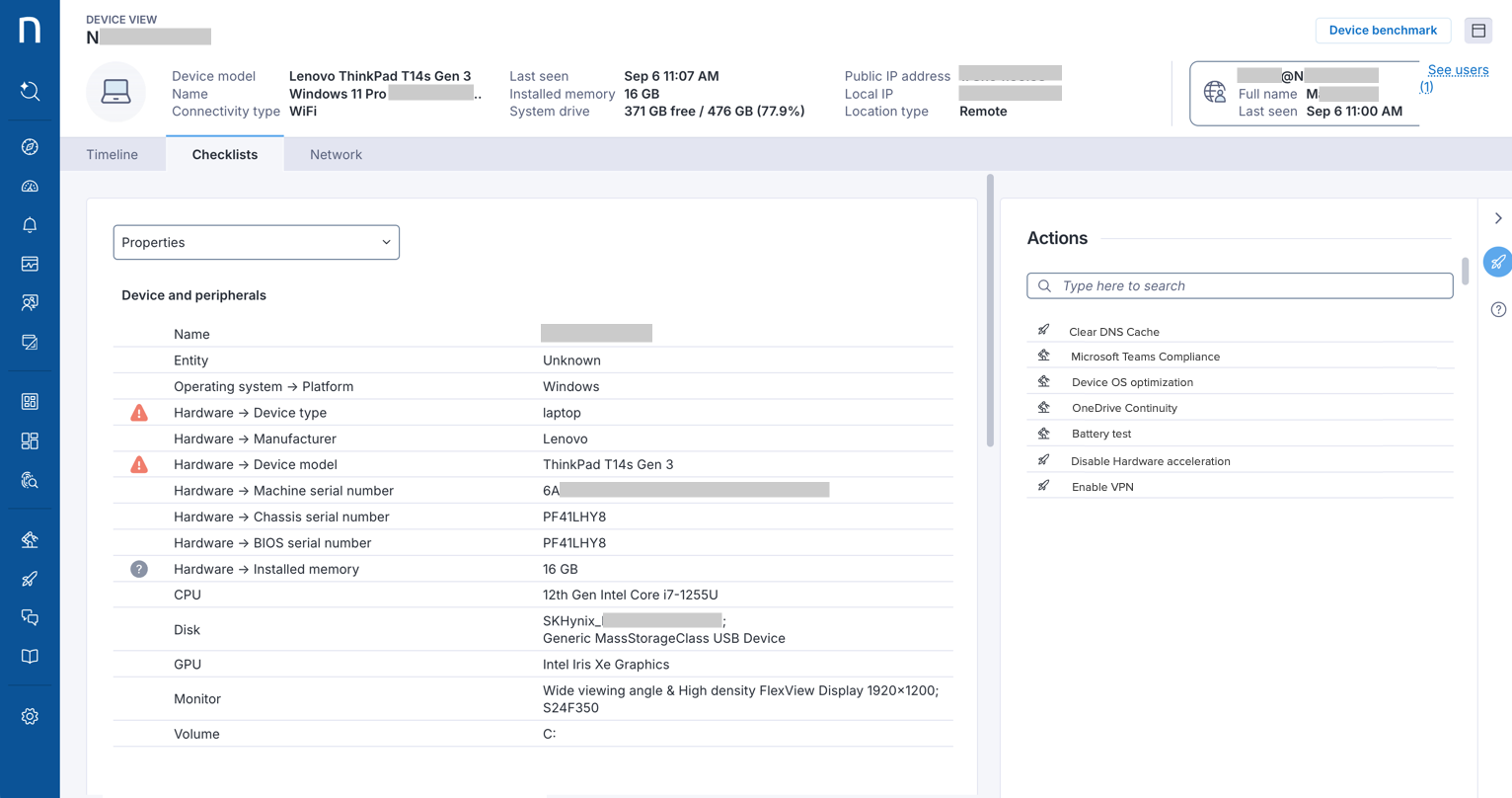 Checklists tab in Device View.