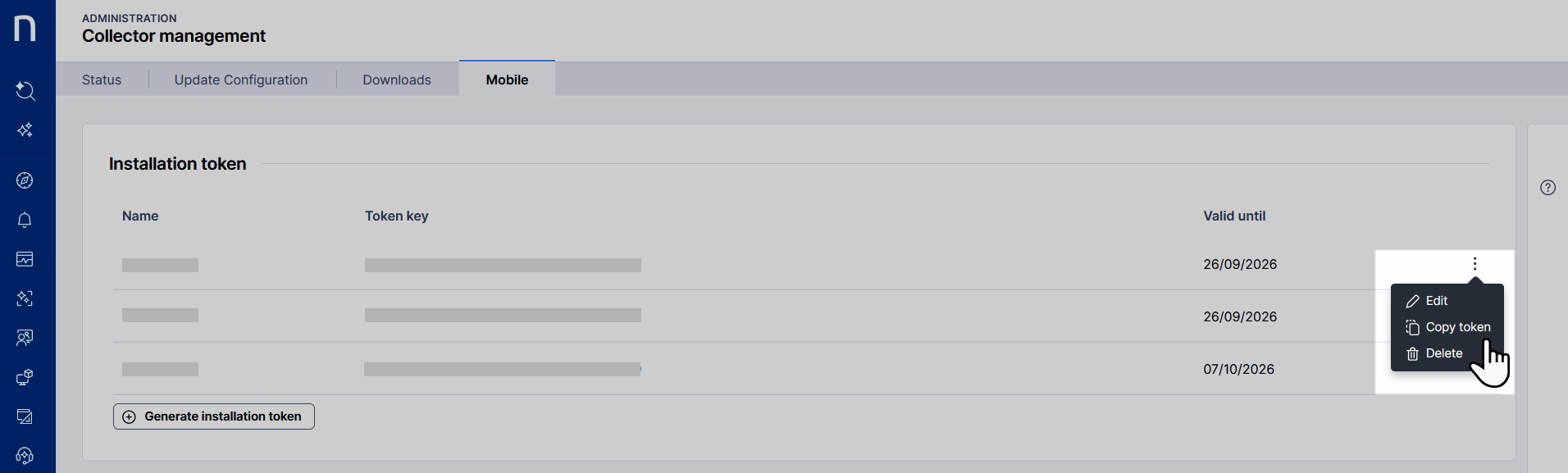 Copying the installation token