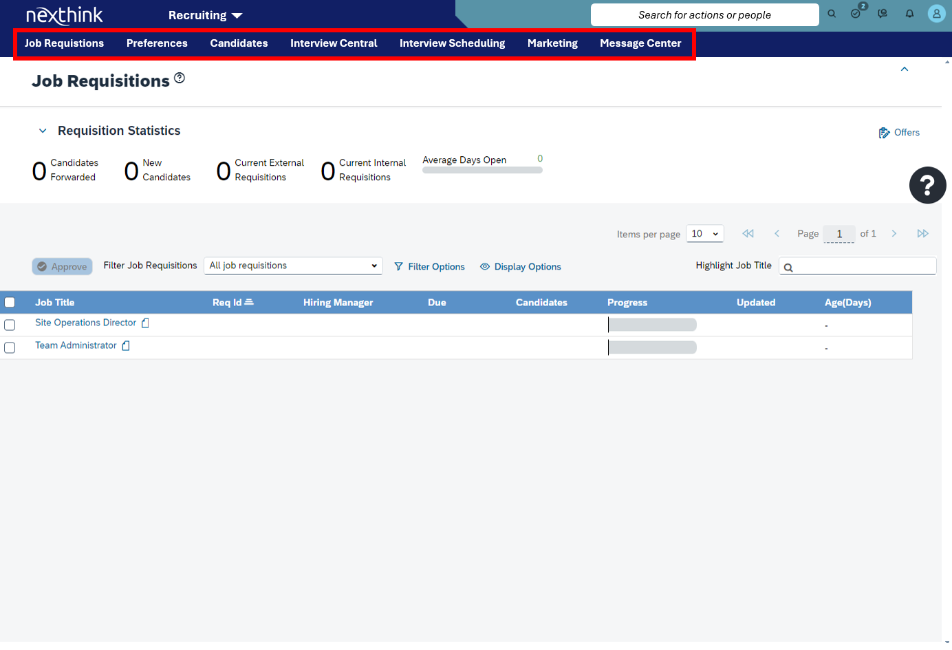 Example of Shadow DOM within Menu tabs on the Job Requisitions page
