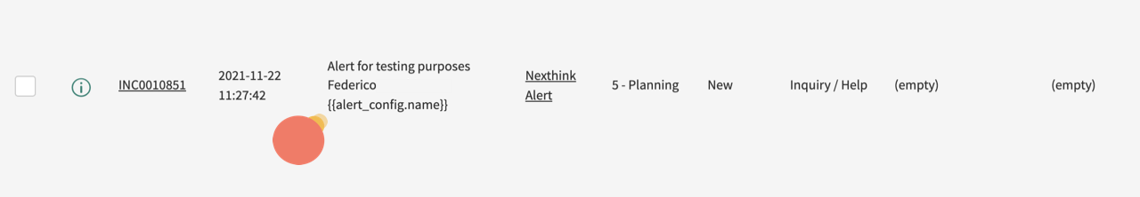 ServiceNow incident created using Sent test button