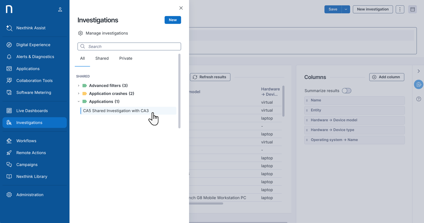 Accessing Investigations from main menu.