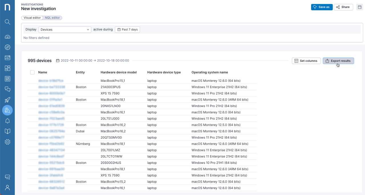 Export results of an investigation