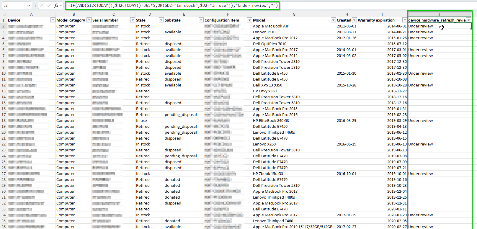 Formula selecting devices for hardware refresh review from table.