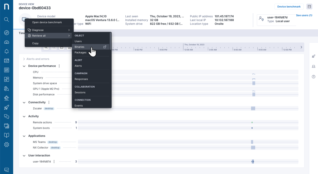 Standard action menu