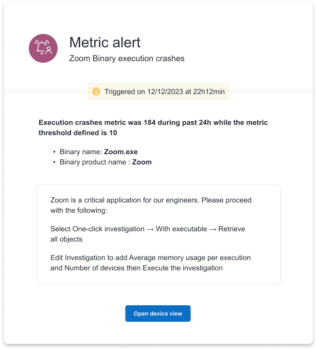 Alert notification by email for a specific device