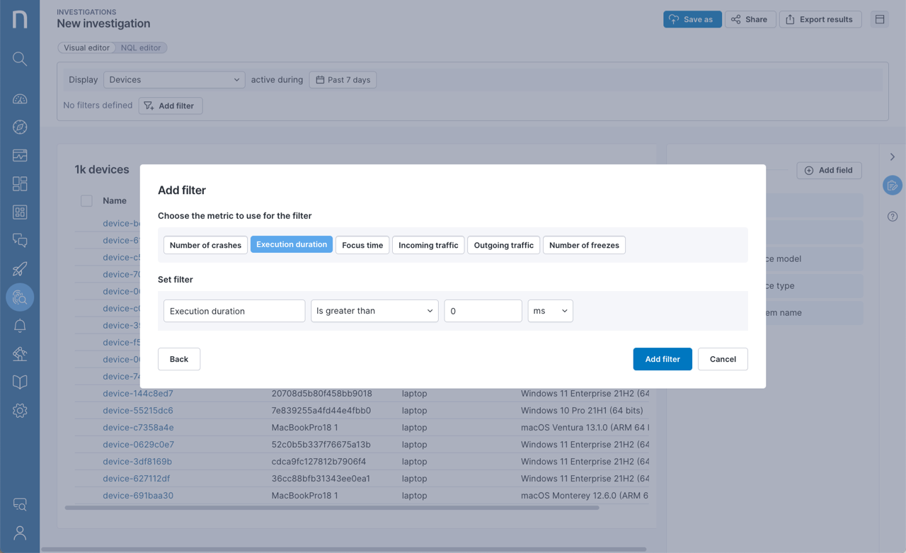Filters in Investigations Visual editor