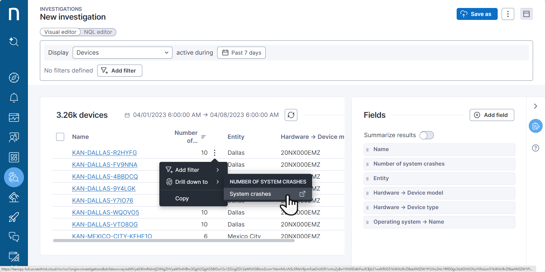 Drilling down investigation result table.