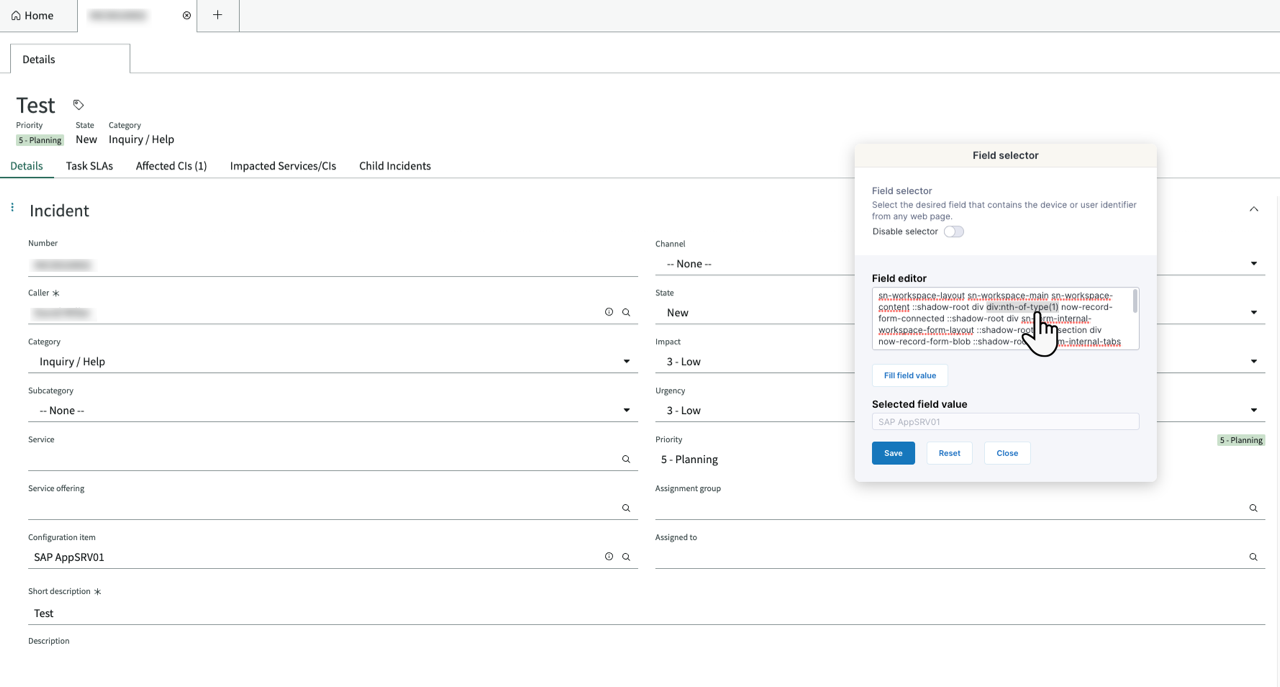 Field selector pop up