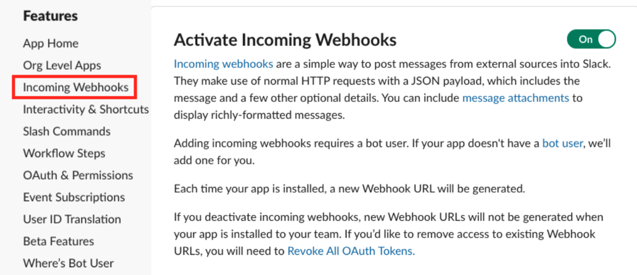 Activating incoming webhooks in Slack