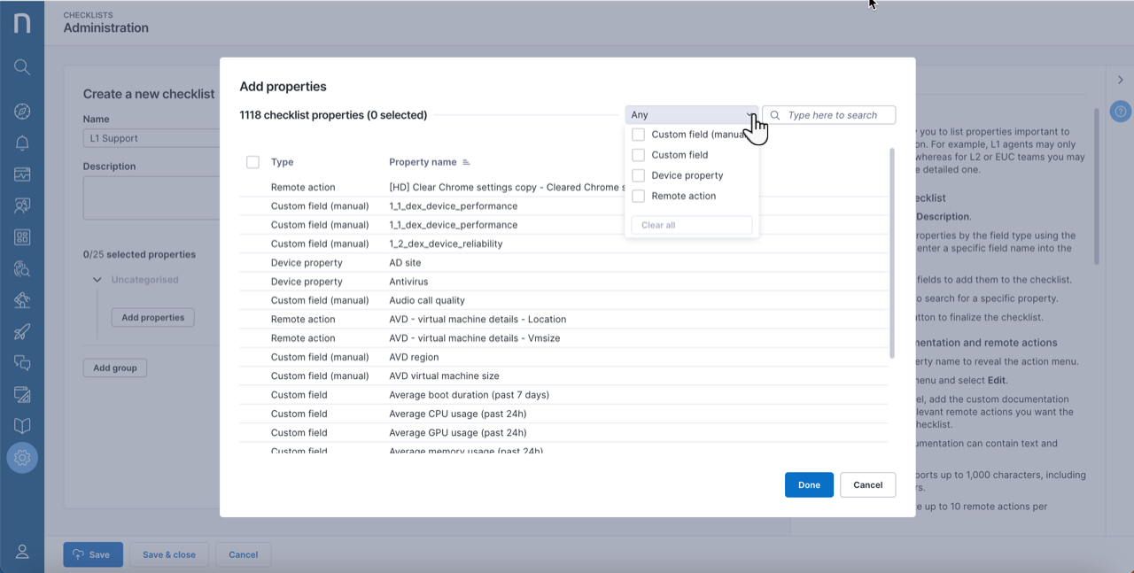 Properties popup in Checklist Edit page.