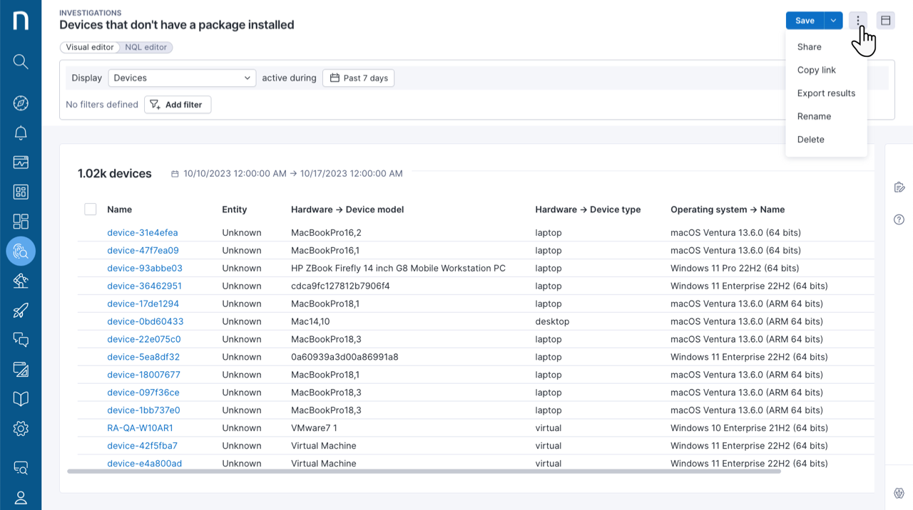 Investigations page action menu