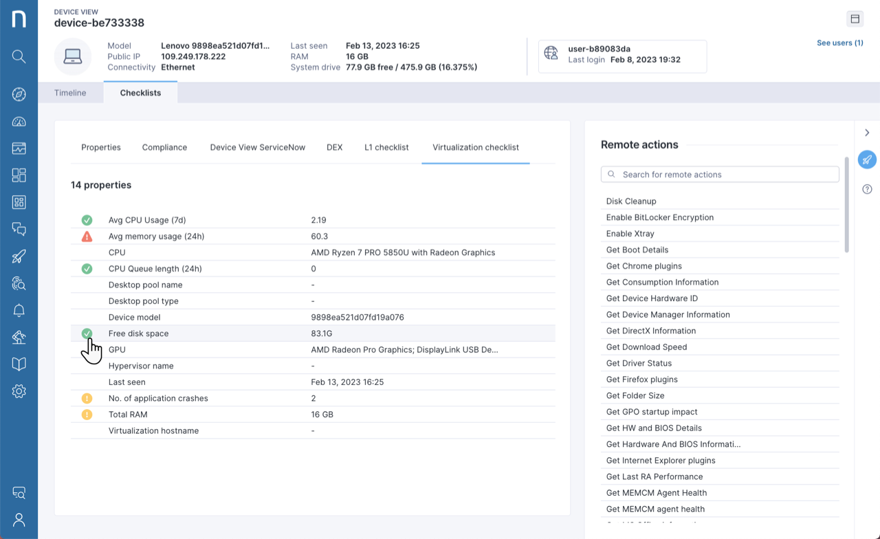 Device View Checklist tab