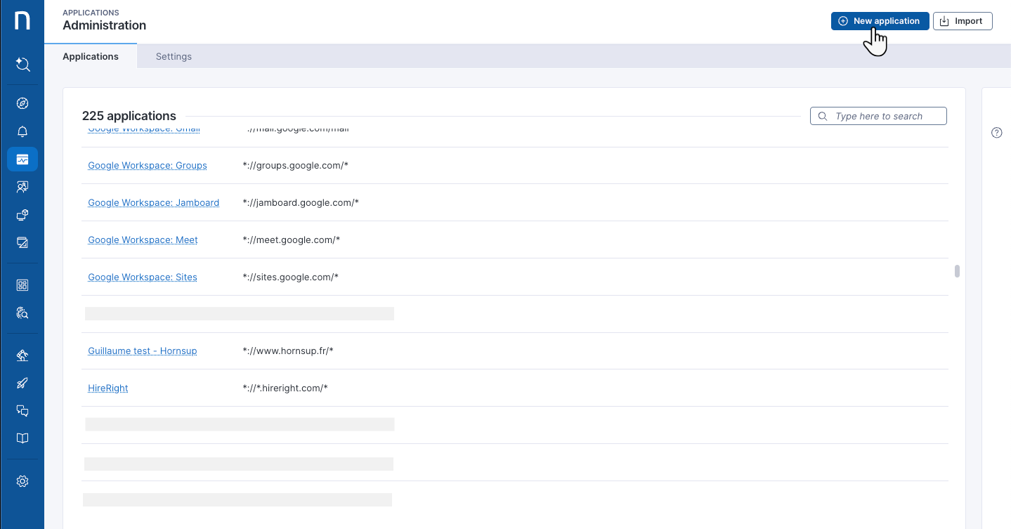 Accessing the configuring page for new applications.