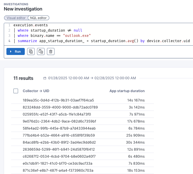 Application startup duration NQL example