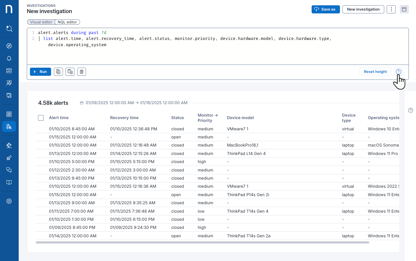 Querying data using the NQL editor.