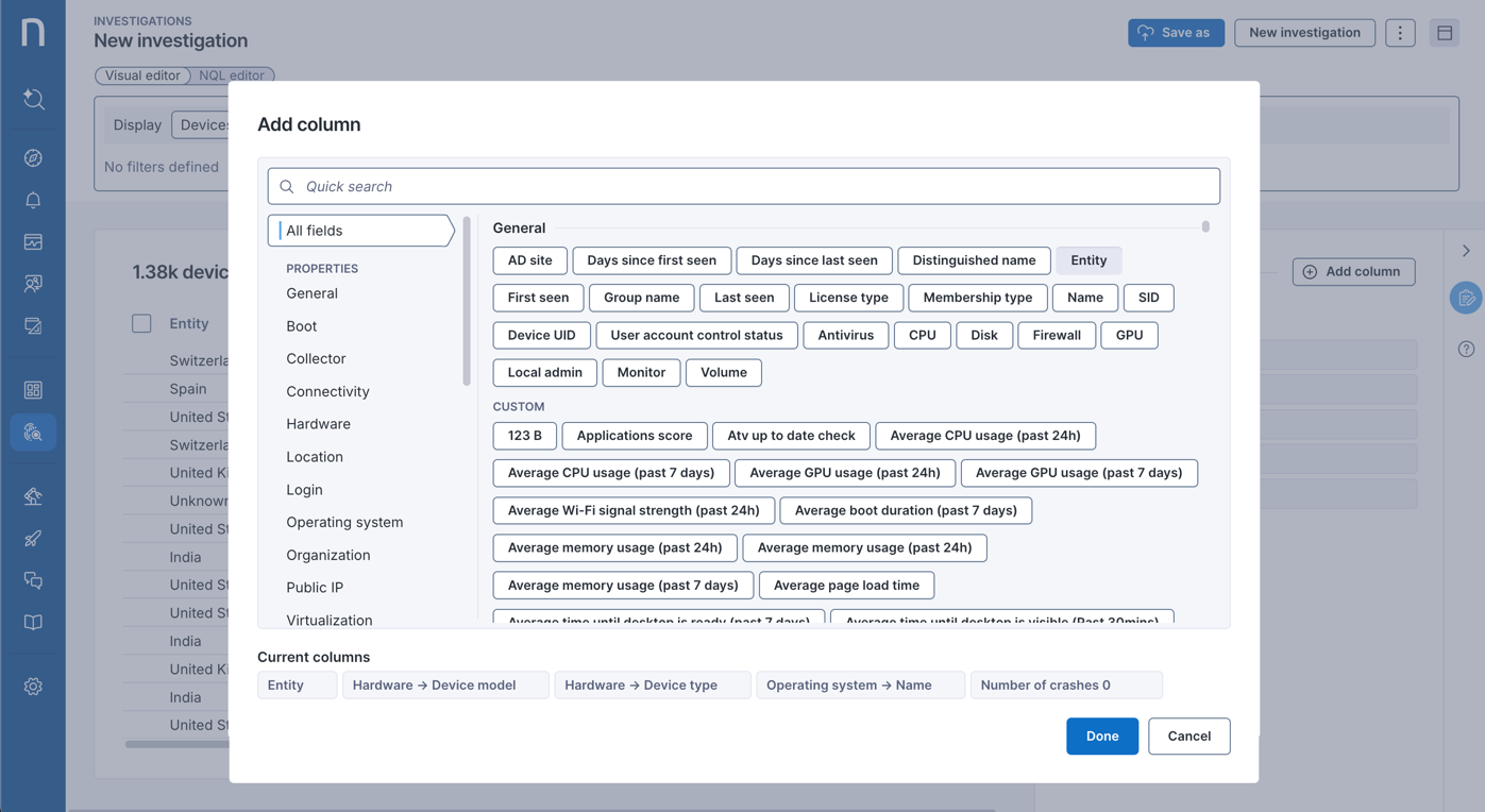 Adding field as a columns in the investigation results table