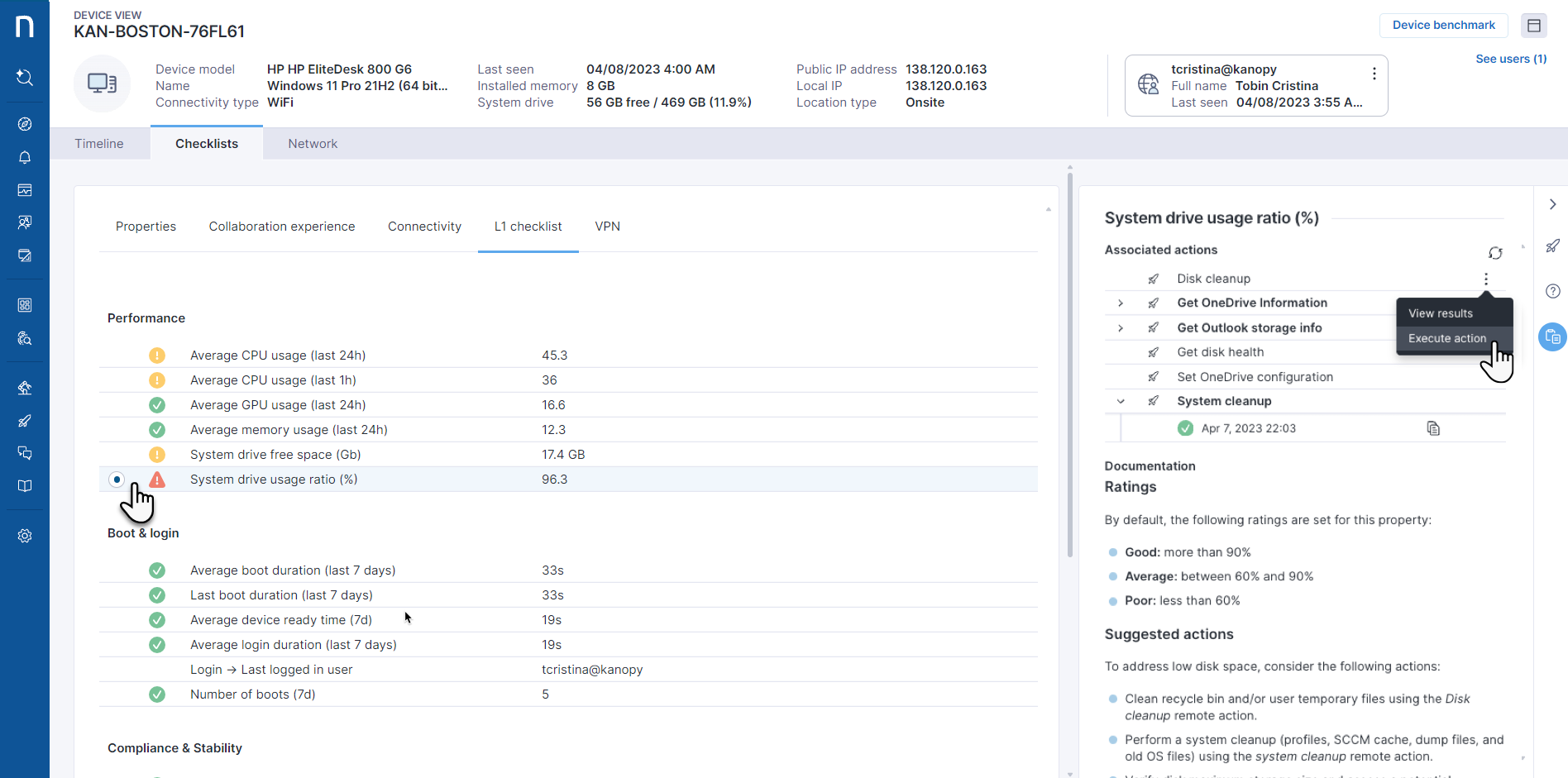 Running actions and checking their status from the Checklist tab right-side panel. 